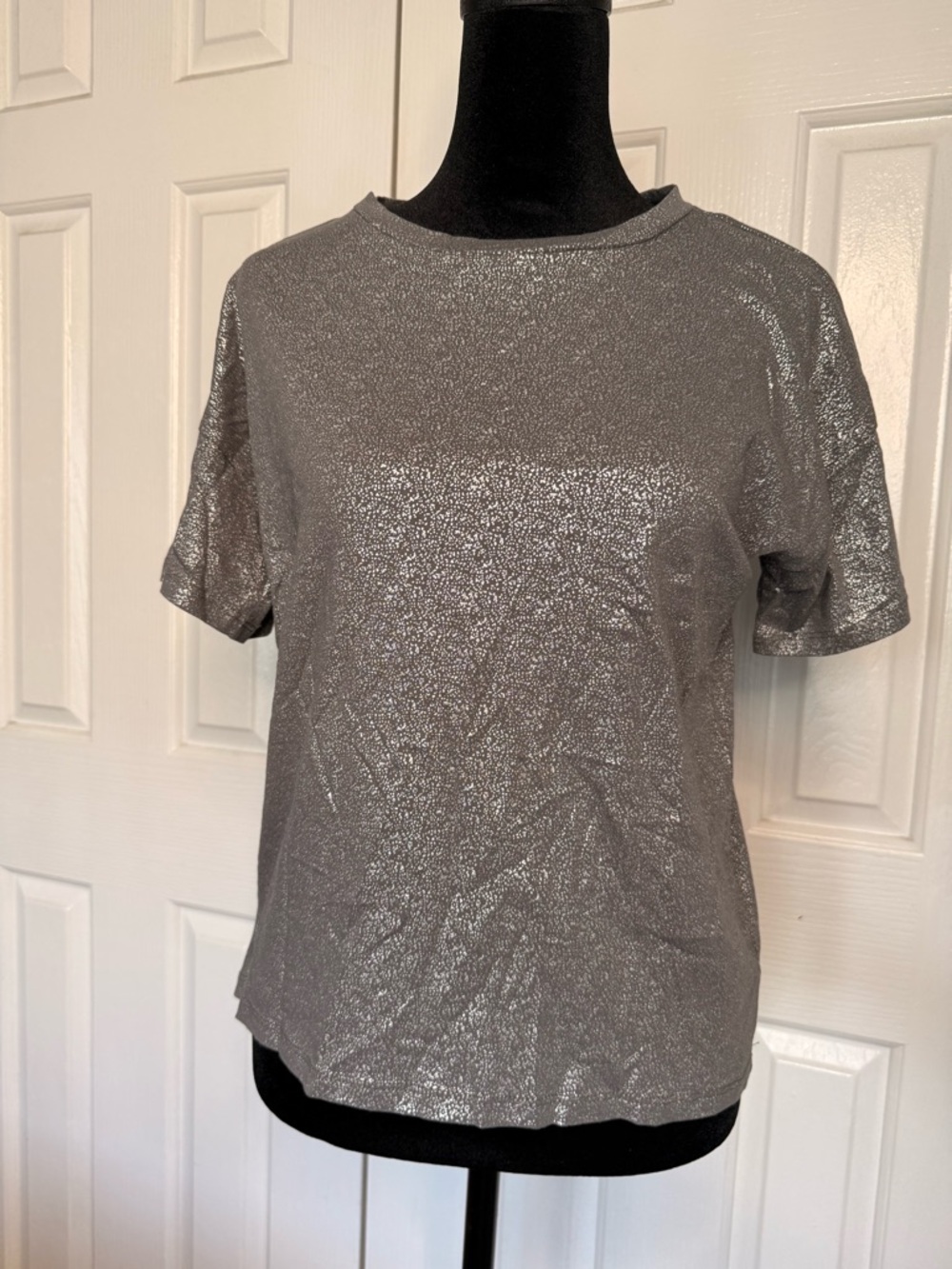 Silver Metallic Shimmer Tee Top Short Sleeve Sparkle Party Club Y2K Size XL